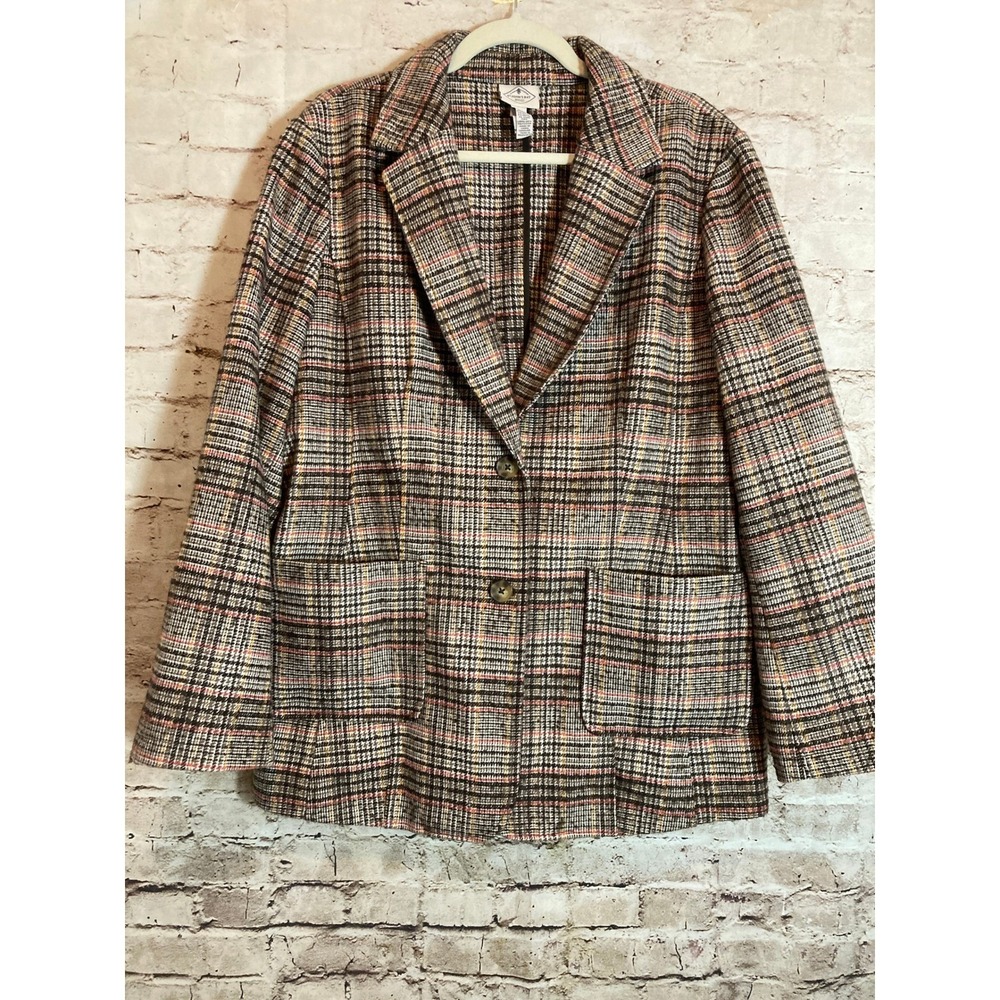 St. Johns Bay Tweed Blazer Jacket XXL Brown Plaid Wool Blend Preppy Academia